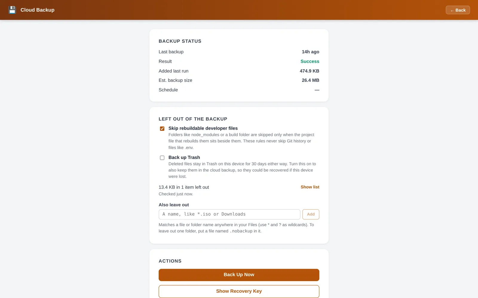 The Cloud Backup screen